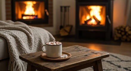 Cozy Winter Scene with Hot Chocolate by the Fireplace