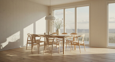 Sunlit modern dining room featuring minimalist wooden furniture, large windows, and a serene atmosphere, perfect for comfortable living and quiet meals.
