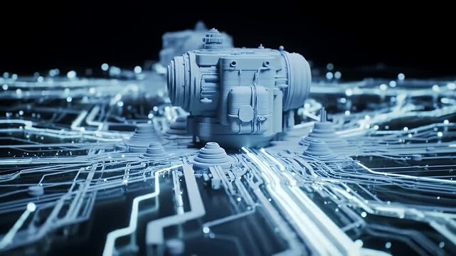 Abstract Technological Machine on Blue Circuit Board Background with Intricate Details in Dark Environment Concept Optimized For Adobe Stock Photo