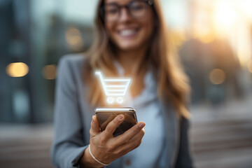 Smiling white-collar worker holding a smartphone with a glowing e-commerce shopping cart on the screen, in front of a supermarket at night