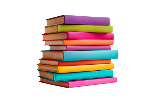 Stack of colorful hardcover books isolated on transparent background