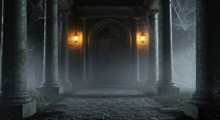 Mysterious Foggy Mansion Entrance at Night