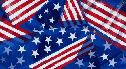 Patterned background with american flags and elements, suitable for patriotic designs, fourth of july graphics, or American themed projects.