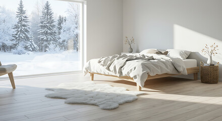 Cozy Bedroom Interior with Snowy Winter View A Tranquil Home Concept