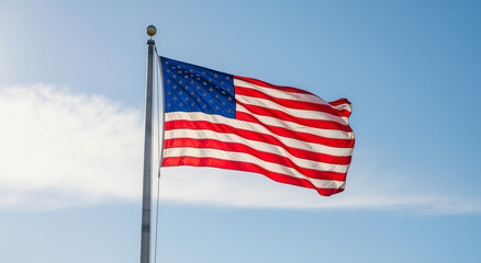 Fototapeta premium Patriotic image of the american flag waving proudly on a flagpole, suitable for use in fourth of July themed projects.