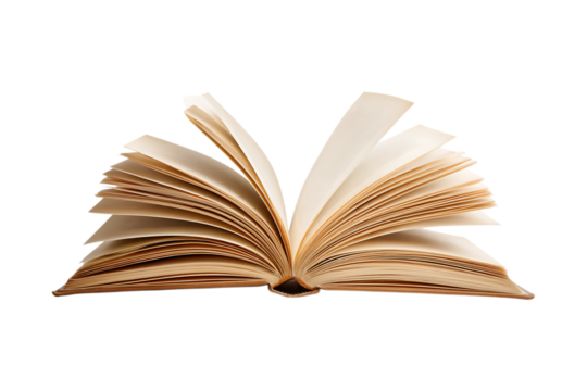 Antique open book with aged pages isolated on transparent background