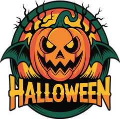 Spooky Halloween Pumpkin Logo with Bat Wings and Twisted Branches for Festive Holiday Celebration