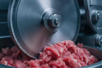 Meat processing machine cutting fresh raw meat in food processing industry for efficient production and safety standards in factory environment