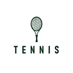 Tennis logo design concept simple black silhouette tennis sport with ball and tennis racket design for brand product illustration template