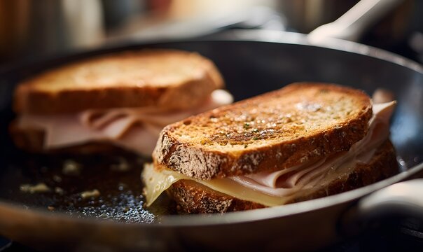 sandwich in a whole grain bread and slides of turkey and low fat cheese, sandwich sizzling, , elegant French food styling, shallow depth of field, cozy warm tones