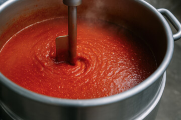 Tomato sauce being processed in large stainless steel container with industrial mixer in food processing industry