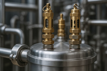 Brass safety valves on stainless steel tank in food processing industry ensuring pressure control and operational safety in industrial environment