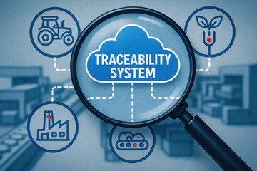 Traceability system concept with magnifying glass focusing cloud icon connected to agriculture factory and food processing industry for quality