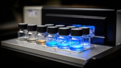 Small glass bottles with liquids illuminated by blue light.
