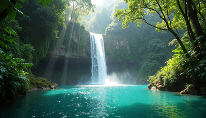 Tropical waterfall cascading into turquoise pool surrounded by jungle creating a peaceful and relaxing paradise scenery