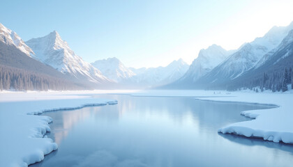 Frozen mountain lake reflecting snowy peaks under clear sky creating a peaceful winter scenery for serenity and calmness