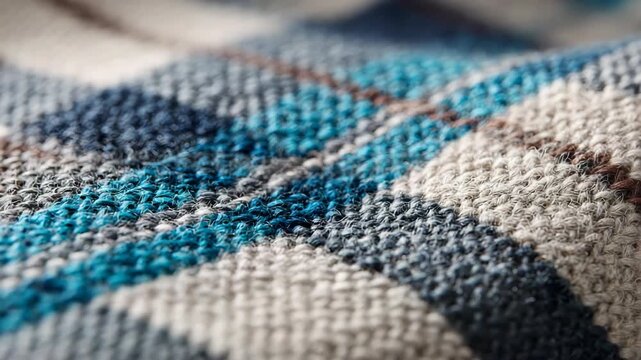 Detailed Close-Up of a Blue and Beige Knitted Argyle Pattern Fabric Texture