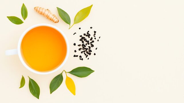 Golden turmeric elixir with black seeds and green leaves