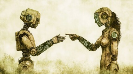 Futuristic Encounter: Two Robots Reaching Out in a Vintage-Inspired Landscape Depiction