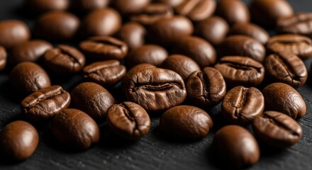 Naklejka premium Close-up of Roasted Coffee Beans on a Dark Surface, Aromatic Morning Concept