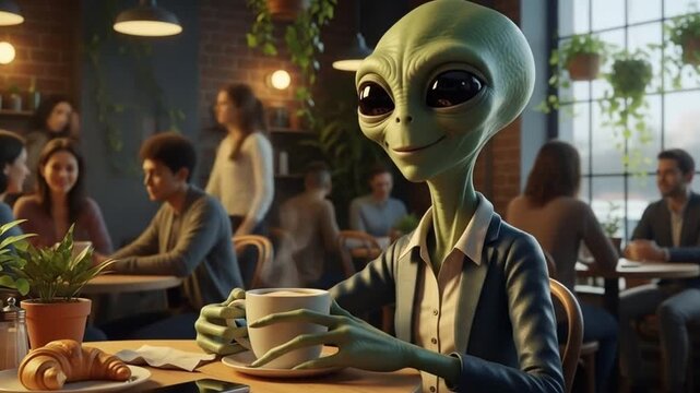 Alien in a Cafe Enjoying Coffee and Croissant: Futuristic Cafe Scene