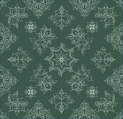 Seamless Damask Outline Pattern Green Background White Gray Vector for Wallpaper Tile Fabric