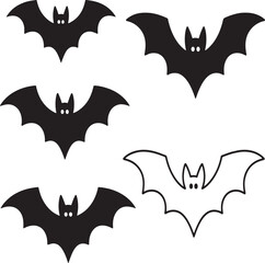 Naklejka premium Silhouette Bats Vector Graphic, Halloween Decorations or Spooky Cartoon Elements, Four Black Bats and One Outline Version on White