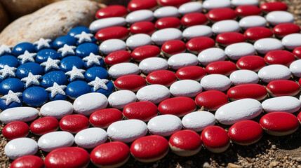 Naklejka premium Smooth rocks painted in american flag colors. Perfect for patriotic designs, fourth of july decorations, or American themed projects. Vibrant and fun.