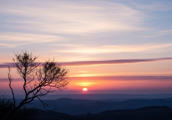 Silhouetted Tree Against Fiery Sunset Over Rolling Hills, Serene Landscape.