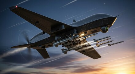 Futuristic combat drone launching missiles against a stunning dawn sky backdrop