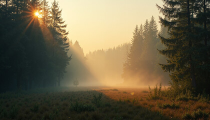 Misty forest valley with sunlight rays creating a tranquil and dreamy natural scenery for meditation and peaceful relaxation