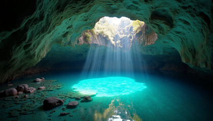 Crystal cave with underground lake glowing from natural skylight creating a mysterious and peaceful natural scenery