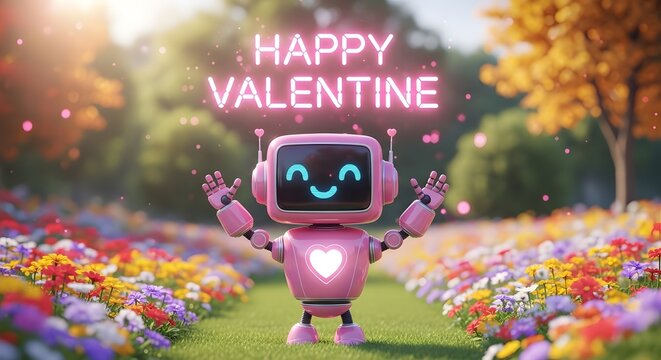 A cheerful pink robot with a heart-shaped chest and outstretched arms celebrates Valentine's Day in a vibrant garden.