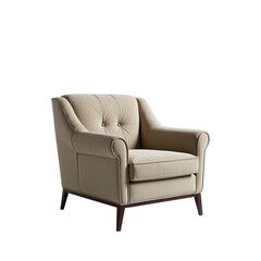 Fototapeta premium Light beige upholstered arm chair with dark brown legs.
