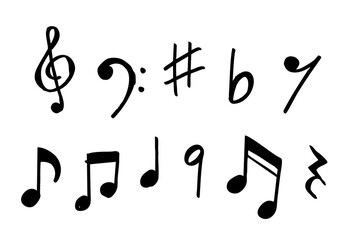 音符やト音記号、ヘ音記号など音楽記号を集めたシンプルな手描き風イラスト素材、楽譜やデザイン背景に使えるベクターセット