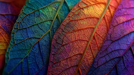 Vibrant Autumnal Hues: A Captivating Macro View of Leaves Displaying Brilliant Rainbow Colored Textures