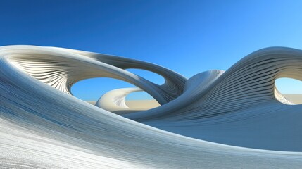 Futuristic architecture concept with abstract wavy structures under a blue sky