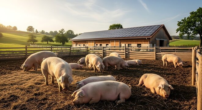 A group of pigs resting on a farm in the sunshine.