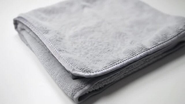 Close Up of a Folded Gray Microfiber Towel on a White Surface with Soft Lighting for Cleaning and Personal Care