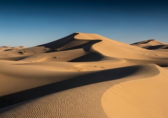 Sweeping sand dunes under a clear sky create a serene desert landscape
