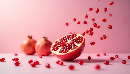 Vibrant pomegranate still life featuring a halved fruit and scattered seeds on a pink backdrop, capturing freshness