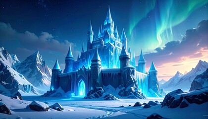 Majestic Ice Castle in a Snowy Mountain Landscape with Aurora Borealis, Magical Fantasy Winter Palace