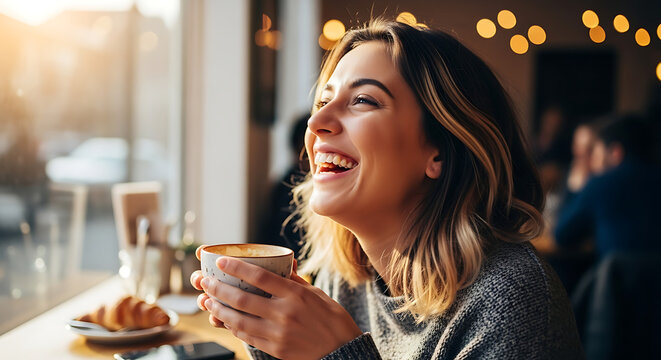 A happy young woman laughing while enjoying a warm drink and croissant in a sunlit cafe.