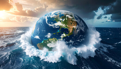 Digital Illustration of Earth Globe Emerging from Ocean Waves Under Dramatic Cloudy Sky at Sunrise
