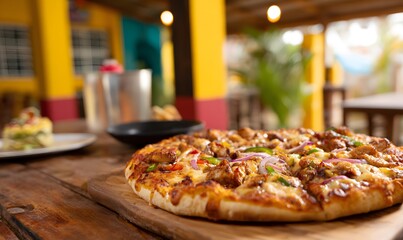 Freshly baked pizza on a long wooden table