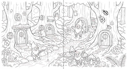 Naklejka premium kids colouring page Whimsical gnomes living in a magical forest village, Gnome, Forest, Village, Treehouse, Mushroom, Cartoon, Coloring