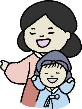 즐거운 한국 명절 전통 복장의 엄마와 아이 일러스트