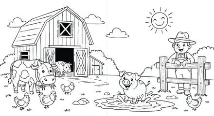 kids colouring page Happy Farm Animals Rural Scene Coloring Page, Farm, Animals, Barn, Farmer, Pig, Cow, Chicken, Outline.