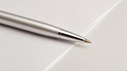 A sleek silver pen rests on a blank page, highlighting its elegance with a blurred background for focal emphasis.