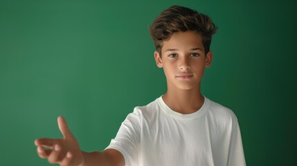 A teenage boy stretches out his hand, presenting an open palm against a vibrant green screen backdrop.